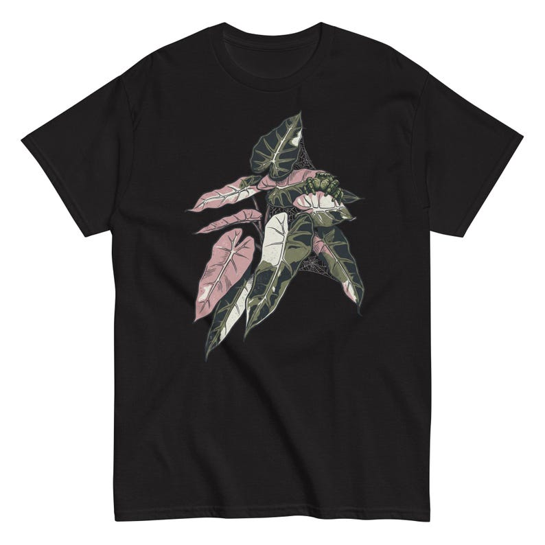 Alocasia Pink Bambino Shirt, Jumping Spider Detail, Rare Aroid Plant Tee Black