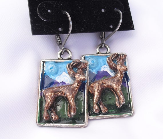 Dimensional Reindeer Earrings, Hand Painted Landsc