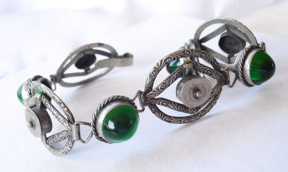 Antique Art Deco Bracelet Green Bullet Glass Arts And Crafts Era Embossed Links Gifts For Her Antique Art Deco Bracelet Green Bullet Glass Arts And Crafts Era Embossed Links Gifts For Her