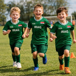 K&ouml;nnte beinhalten: Drei Kinder in gr&uuml;nen Fu&szlig;balltrikots mit der Aufschrift "IRAQ" und der Zahl "2026" auf der Vorderseite. Die Trikots haben wei&szlig;e und rote Akzente. Die Kinder rennen auf einem gr&uuml;nen Feld.