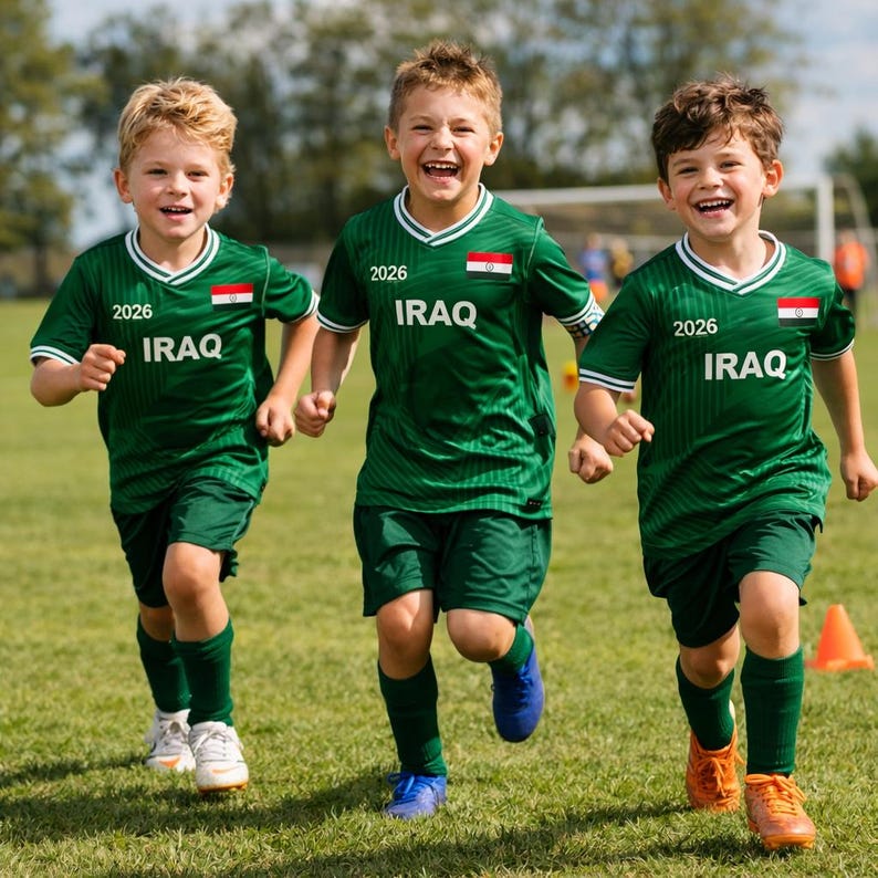 K&ouml;nnte beinhalten: Drei Kinder in gr&uuml;nen Fu&szlig;balltrikots mit der Aufschrift "IRAQ" und der Zahl "2026" auf der Vorderseite. Die Trikots haben wei&szlig;e und rote Akzente. Die Kinder rennen auf einem gr&uuml;nen Feld.
