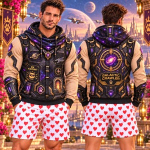 May include: A hooded sweatshirt featuring a dark space-themed graphic with a cat icon, the text 'NEW ACHIEVEMENT', and 'GALACTIC CRAWLER' with a paw print, paired with white shorts covered in a repeating pattern of small red hearts.