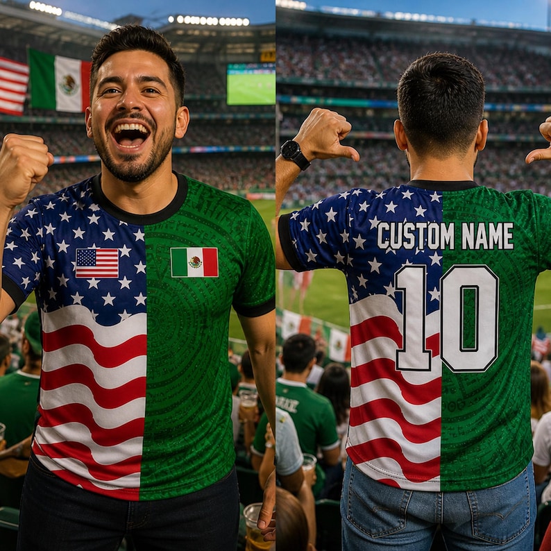 May include: A short-sleeve t-shirt featuring a split design with the United States flag on the left and the Mexican flag on the right. The back displays the text CUSTOM NAME above the number 10 in white font with a black outline.