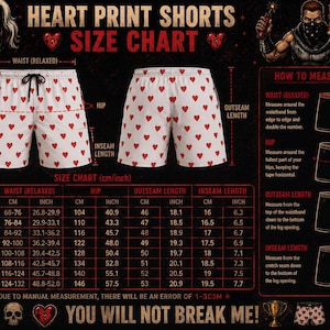 K&ouml;nnte beinhalten: Eine Gr&ouml;&szlig;entabelle f&uuml;r wei&szlig;e Shorts mit rotem Herzmuster. Die Tabelle enth&auml;lt Ma&szlig;e f&uuml;r Taille, H&uuml;fte, Au&szlig;en- und Innennaht in cm und Zoll f&uuml;r die Gr&ouml;&szlig;en S bis 5XL, erg&auml;nzt durch visuelle Messanleitungen und den Text Heart Print Shorts.