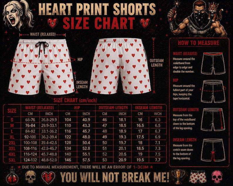 K&ouml;nnte beinhalten: Eine Gr&ouml;&szlig;entabelle f&uuml;r wei&szlig;e Shorts mit rotem Herzmuster. Die Tabelle enth&auml;lt Ma&szlig;e f&uuml;r Taille, H&uuml;fte, Au&szlig;en- und Innennaht in cm und Zoll f&uuml;r die Gr&ouml;&szlig;en S bis 5XL, erg&auml;nzt durch visuelle Messanleitungen und den Text Heart Print Shorts.