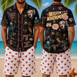 May include: A black short-sleeve button-down shirt featuring Dungeon Crawler Carl graphics, including a character, a cat, a dinosaur, and text reading NEEEEEW ACHIEVEMENT, along with white shorts patterned with small red hearts.