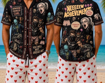 Conjunto de camisa hawaiana y pantalones cortos con corazones de Dungeon Crawler Carl, merchandising para fans de DCC, camisa abotonada Aloha de fantasía LitRPG, atuendo del Prepotente Desperado Club