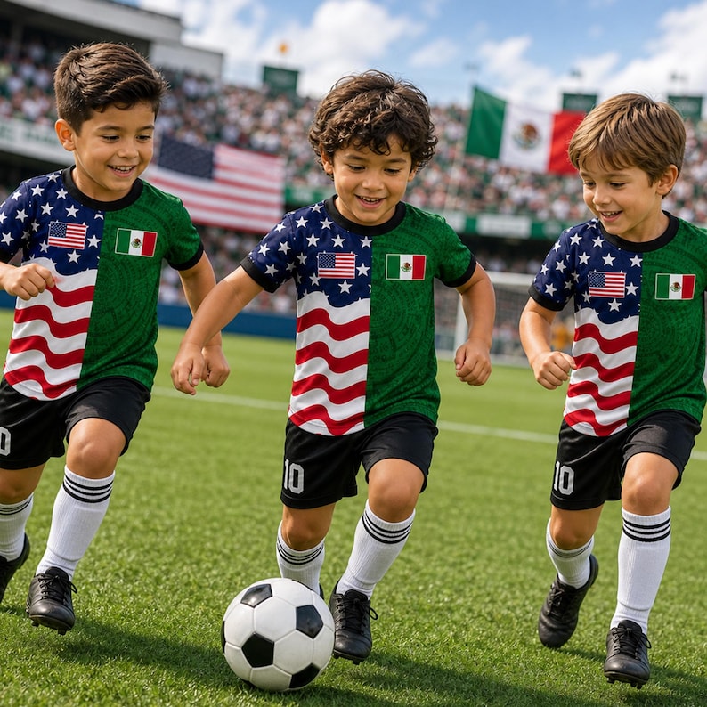 May include: Three children wearing matching short-sleeve shirts featuring a split design of the American flag on the left and the Mexican flag on the right, paired with black athletic shorts, white soccer socks, and black cleats while playing soccer.