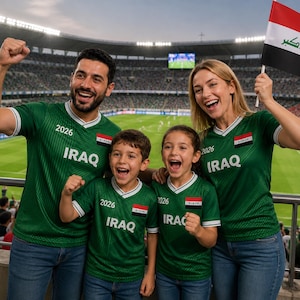 K&ouml;nnte beinhalten: Eine vierk&ouml;pfige Familie tr&auml;gt gr&uuml;ne Fu&szlig;balltrikots mit den Aufdrucken "2026" und "IRAQ" und jubelt in einem Stadion. Die Trikots haben wei&szlig;e Akzente und eine kleine irakische Flagge. Eine Person h&auml;lt eine irakische Flagge.