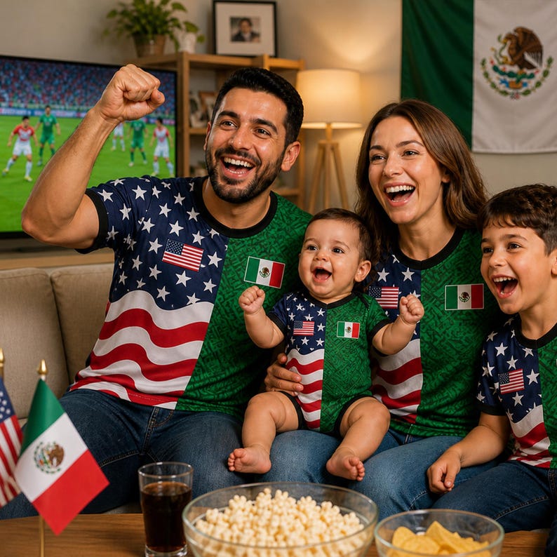 May include: Matching short-sleeve shirts and a baby bodysuit featuring a split design. One side displays the American flag with stars and stripes, while the other side is green with a small Mexican flag emblem on the chest area.