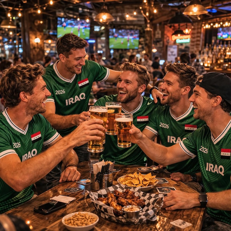 K&ouml;nnte beinhalten: F&uuml;nf M&auml;nner in gr&uuml;nen Fu&szlig;balltrikots mit der Aufschrift "IRAQ" sto&szlig;en in einer Bar mit Biergl&auml;sern an. Die Trikots zeigen die irakische Flagge und die Nummer "2026". Ein Tisch ist mit Snacks gef&uuml;llt.