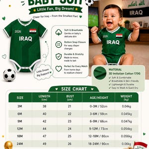 K&ouml;nnte beinhalten: Gr&uuml;ner Baby-Body mit "IRAQ" auf der Vorderseite, mit einem Fu&szlig;ball und dem Text "BABY SUIT". Der Body hat einen wei&szlig;en Kragen und Besatz. Eine Gr&ouml;&szlig;entabelle mit Ma&szlig;en in Zentimetern und Gewichten in Kilogramm ist enthalten.
