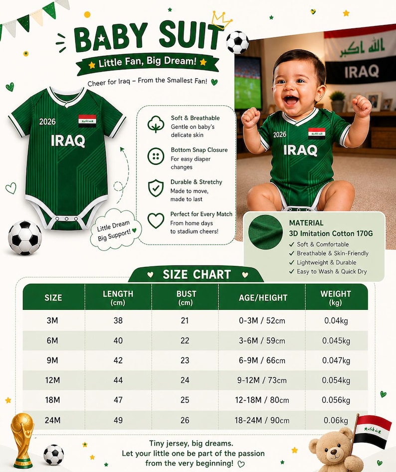 K&ouml;nnte beinhalten: Gr&uuml;ner Baby-Body mit "IRAQ" auf der Vorderseite, mit einem Fu&szlig;ball und dem Text "BABY SUIT". Der Body hat einen wei&szlig;en Kragen und Besatz. Eine Gr&ouml;&szlig;entabelle mit Ma&szlig;en in Zentimetern und Gewichten in Kilogramm ist enthalten.