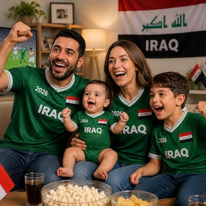 K&ouml;nnte beinhalten: Eine vierk&ouml;pfige Familie in gr&uuml;nen Fu&szlig;balltrikots mit der Aufschrift "IRAQ" und dem Jahr "2026". Im Hintergrund ist die irakische Flagge zu sehen. Sie jubeln und schauen ein Fu&szlig;ballspiel im Fernsehen.