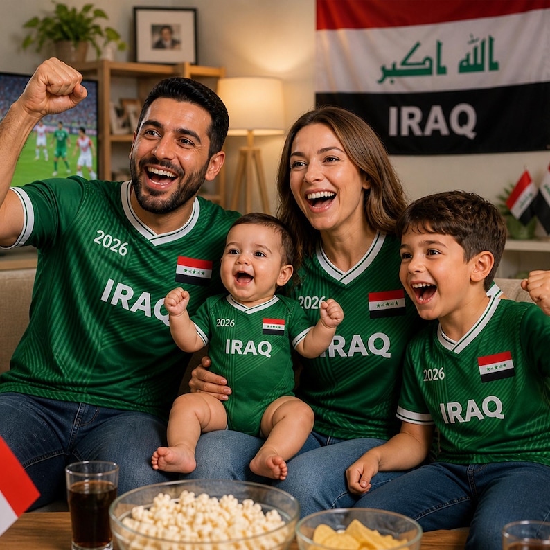 K&ouml;nnte beinhalten: Eine vierk&ouml;pfige Familie in gr&uuml;nen Fu&szlig;balltrikots mit der Aufschrift "IRAQ" und dem Jahr "2026". Im Hintergrund ist die irakische Flagge zu sehen. Sie jubeln und schauen ein Fu&szlig;ballspiel im Fernsehen.