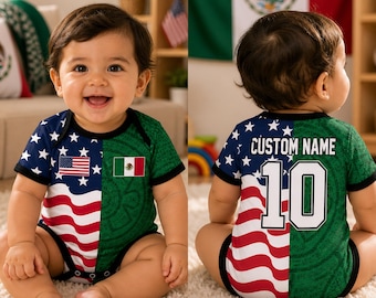 Benutzerdefinierte 2026 Fußball Zwei Fußballmannschaft Fußballtrikot, Personalisieren Hälfte Hälfte Fußballtrikot, Mexiko Aztec, USA, Kanada Split Team, Baby Anzug Fußball