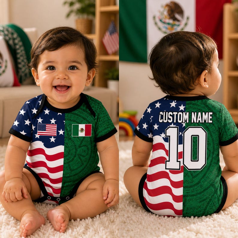 May include: A baby bodysuit featuring a split design of the United States flag and the Mexican flag. The front displays both flags, while the back features the text CUSTOM NAME above the number 10 in white with a black outline on a split background.