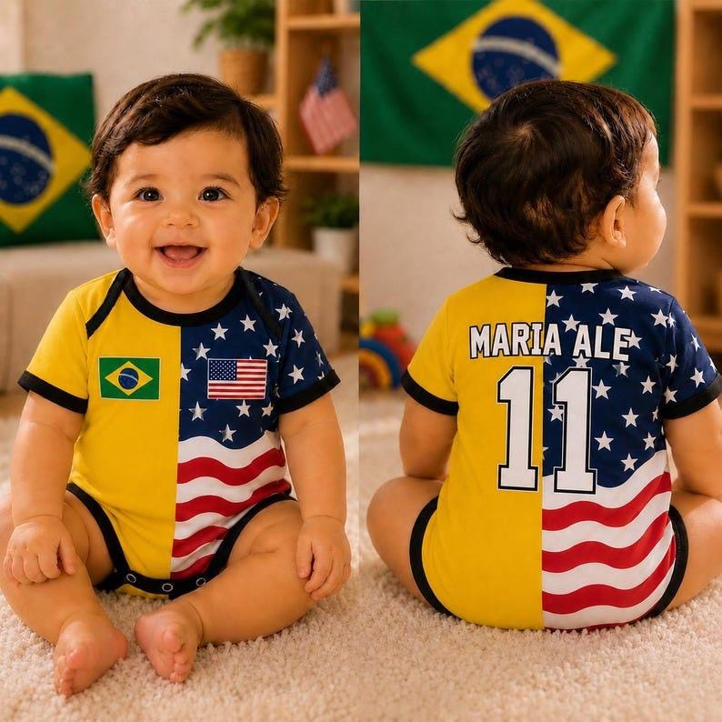 May include: A baby bodysuit featuring a split design with a yellow side displaying the Brazilian flag and a blue side with white stars and red and white stripes representing the American flag. The back shows the text MARIA ALE and the number 11.