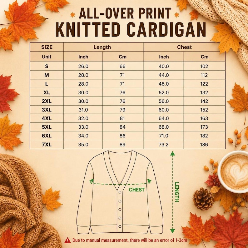 K&ouml;nnte beinhalten: Eine Gr&ouml;&szlig;entabelle f&uuml;r eine Strickjacke mit Allover-Print, die L&auml;ngen- und Brustma&szlig;e in Zoll und Zentimetern f&uuml;r die Gr&ouml;&szlig;en S bis 7XL sowie eine Strichzeichnung einer gekn&ouml;pften Strickjacke enth&auml;lt.