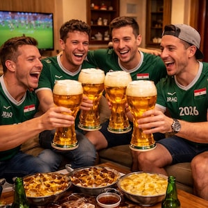K&ouml;nnte beinhalten: Vier Personen in gr&uuml;nen Trikots, einige mit der Aufschrift "IRAQ", halten gro&szlig;e Biergl&auml;ser voller Bier. Mehrere Gerichte mit Essen und Bierflaschen stehen auf dem Tisch vor ihnen. Sie l&auml;cheln und lachen.