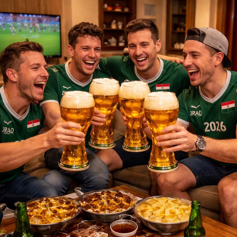 K&ouml;nnte beinhalten: Vier Personen in gr&uuml;nen Trikots, einige mit der Aufschrift "IRAQ", halten gro&szlig;e Biergl&auml;ser voller Bier. Mehrere Gerichte mit Essen und Bierflaschen stehen auf dem Tisch vor ihnen. Sie l&auml;cheln und lachen.