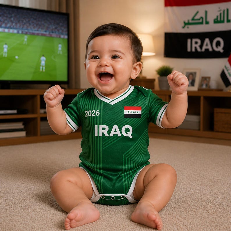 K&ouml;nnte beinhalten: Ein l&auml;chelndes Baby in einem gr&uuml;n-wei&szlig;en Fu&szlig;balltrikot mit dem Aufdruck "IRAQ" auf der Vorderseite. Das Trikot zeigt auch die irakische Flagge und die Nummer "2026". Das Baby sitzt auf einem Teppich vor einem Fernseher.