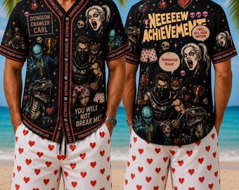 Dungeon Crawler Carl Hawaiian | Baseballtrikot | Cardigan-Hemd & Shorts-Set mit Herzchenmuster, DCC-Fanartikel, LitRPG-Fantasy-Aloha-Hemd, Bücherwurm