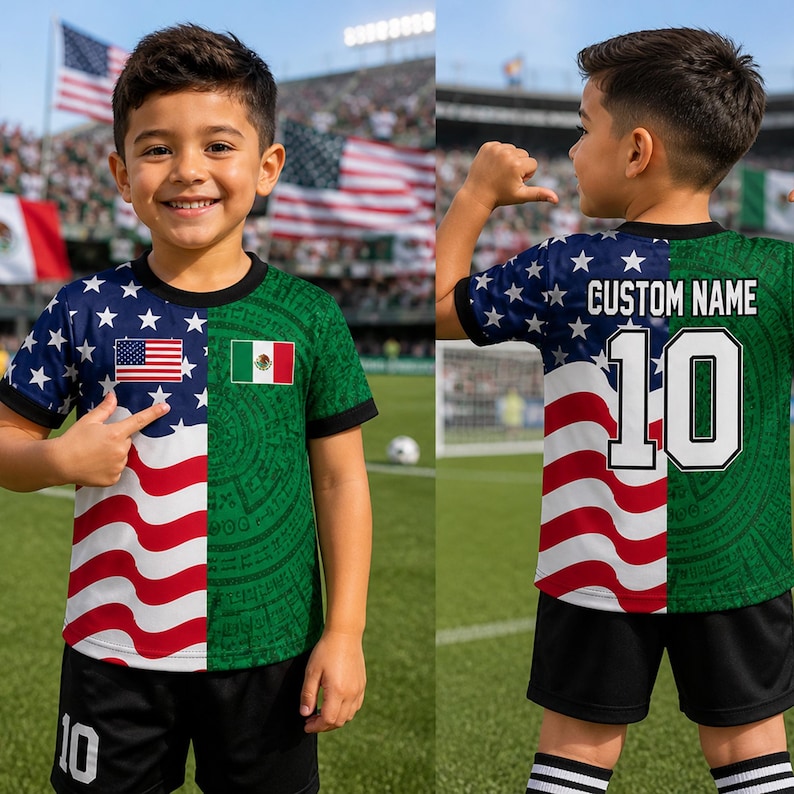 May include: A short-sleeved sports jersey featuring a split design with the American flag on the left and the Mexican flag on the right. The back displays the text CUSTOM NAME above the number 10 in white with a black outline on a green background.