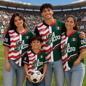May include: A button-down baseball jersey featuring a split design with red and white wavy stripes on one side and solid dark green on the other. The text USA MEXICO is printed on the front with a football graphic, alongside small USA and Mexico flags.