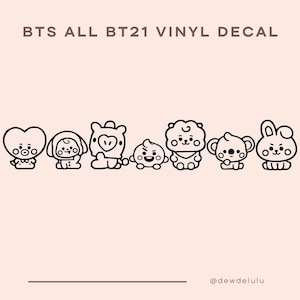 May include: Black and white vinyl decal featuring seven cartoon characters. The text "BTS ALL BT21 VINYL DECAL" is at the top. The characters are in a row, each with unique designs, including a heart, a dog, and a bunny.