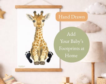 Hand Drawn Giraffe Nursery Art, Personalised Baby Footprint Keepsake