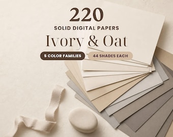 May include: A collection of 220 solid digital papers in ivory and oat tones, organised into 5 colour families with 44 shades each. The text reads 220 SOLID DIGITAL PAPERS, Ivory & Oat, 5 COLOUR FAMILIES, and 44 SHADES EACH. Includes a fabric ribbon.