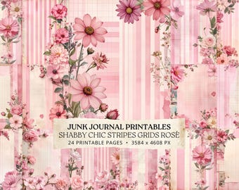 Pink Stripe Junk Journal Pages, Rosé Grid Floral Printable, Shabby Chic Scrapbook Pack