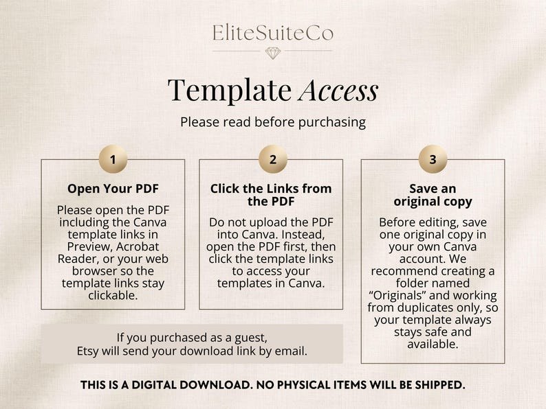 May include: An instructional graphic titled Template Access by EliteSuiteCo. It outlines three steps: 1. Open Your PDF, 2. Click the Links from the PDF, and 3. Save an original copy. It includes a note for guest purchasers and states this is a digital download.