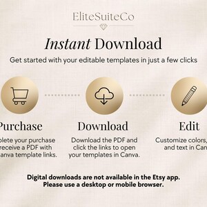 May include: An instructional graphic for digital templates featuring the text EliteSuiteCo, Instant Download, and three gold circles with icons for a shopping cart, a cloud download, and a pencil. It outlines the steps to purchase, download, and edit.