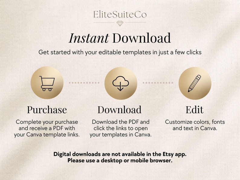 May include: An instructional graphic for digital templates featuring the text EliteSuiteCo, Instant Download, and three gold circles with icons for a shopping cart, a cloud download, and a pencil. It outlines the steps to purchase, download, and edit.