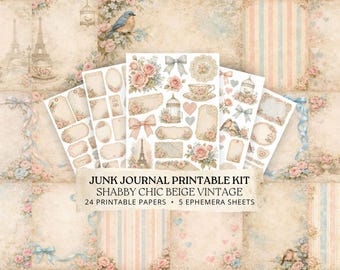 Shabby Chic Printable Paper, Vintage French Junk Journal Kit, Bluebird Ephemera Pages