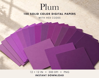 May include: A collection of 100 solid colour digital papers in various shades of plum, arranged in a fan shape. The text reads Plum, 100 solid colour digital papers with hex codes, 12 x 12 in, 300 dpi, png, instant download.