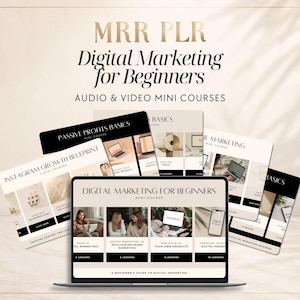 May include: A digital marketing course bundle featuring multiple cards with the text MRR PLR Digital Marketing for Beginners, Audio & Video Mini Courses, Instagram Growth Blueprint, Passive Profits Basics, and Email Marketing on a laptop screen.