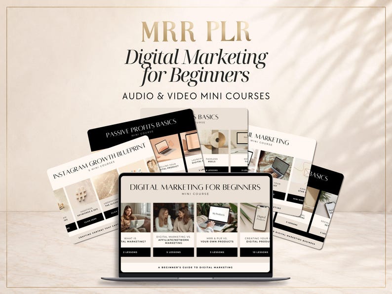 May include: A digital marketing course bundle featuring multiple cards with the text MRR PLR Digital Marketing for Beginners, Audio & Video Mini Courses, Instagram Growth Blueprint, Passive Profits Basics, and Email Marketing on a laptop screen.