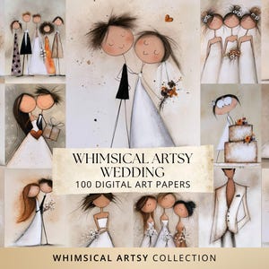 Può includere: Una collezione di carte d'arte digitali con illustrazioni di coppie e gruppi di matrimonio a figure stilizzate in varie pose. Il testo WHIMSICAL ARTSY WEDDING 100 DIGITAL ART PAPERS e WHIMSICAL ARTSY COLLECTION è stampato sull'immagine.