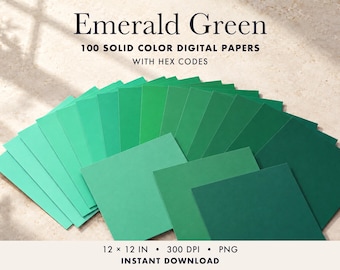 May include: A collection of 100 solid colour digital papers in various shades of emerald green, arranged in a fan shape. The text reads Emerald Green, 100 Solid Colour Digital Papers with Hex Codes, 12 x 12 in, 300 DPI, PNG, Instant Download.
