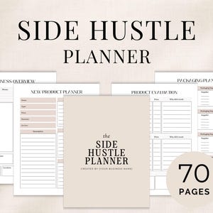 May include: A Side Hustle Planner with 70 pages, featuring a beige cover with black text, and multiple interior sheets including Business Overview, New Product Planner, Product Evaluation, and Packaging Planner with fields for supplier, cost, and notes.