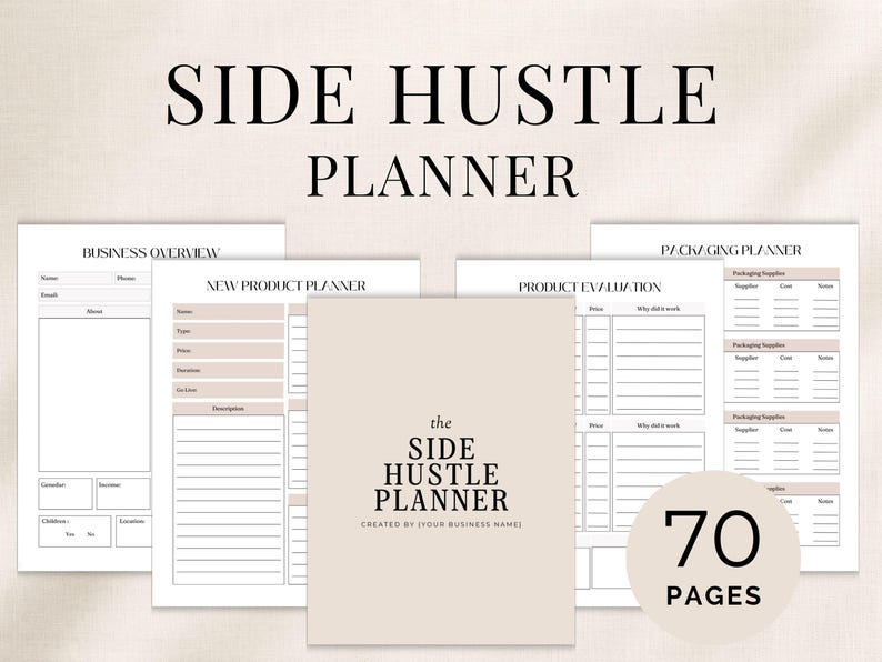 May include: A Side Hustle Planner with 70 pages, featuring a beige cover with black text, and multiple interior sheets including Business Overview, New Product Planner, Product Evaluation, and Packaging Planner with fields for supplier, cost, and notes.