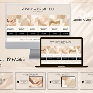 May include: A digital course template titled Master Your Mindset displayed on a desktop monitor and laptop screen. The design features neutral beige tones, abstract shapes, and 19 pages of content including lessons on consistency, business, and growth.