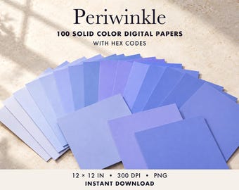 May include: A collection of 100 solid colour digital papers in various shades of periwinkle blue, arranged in a fan shape. The text reads Periwinkle 100 SOLID COLOUR DIGITAL PAPERS WITH HEX CODES, 12 x 12 IN, 300 DPI, PNG, INSTANT DOWNLOAD.