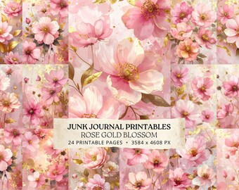 Rose Gold Floral Journal Pages, Pink Blossom Printable Paper, Glam Junk Journal Pack