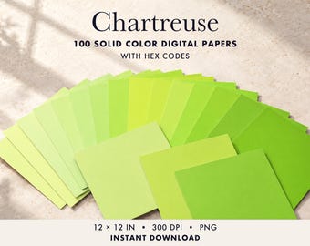 May include: A collection of 100 solid colour digital papers in various shades of chartreuse green. The text reads Chartreuse, 100 solid colour digital papers with hex codes, 12 x 12 in, 300 dpi, png, and instant download.