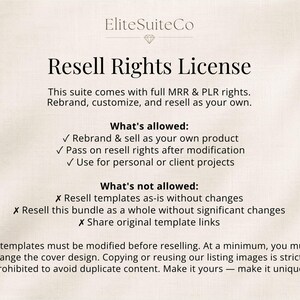 May include: A digital document titled Resell Rights License by EliteSuiteCo. It outlines MRR and PLR rights, detailing allowed actions like rebranding and selling, and prohibited actions such as reselling templates as-is or sharing original links.