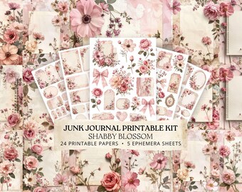 Papel para diario creativo con estampado floral, efímeros imprimibles estilo shabby chic, kit de scrapbooking rosa vintage.